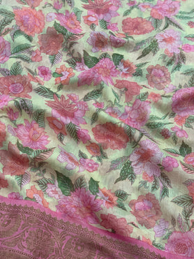 Cotton Prints Saree Light-Yellow In Colour