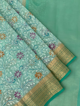 Organza Embroidery Saree Sea-Green In Colour