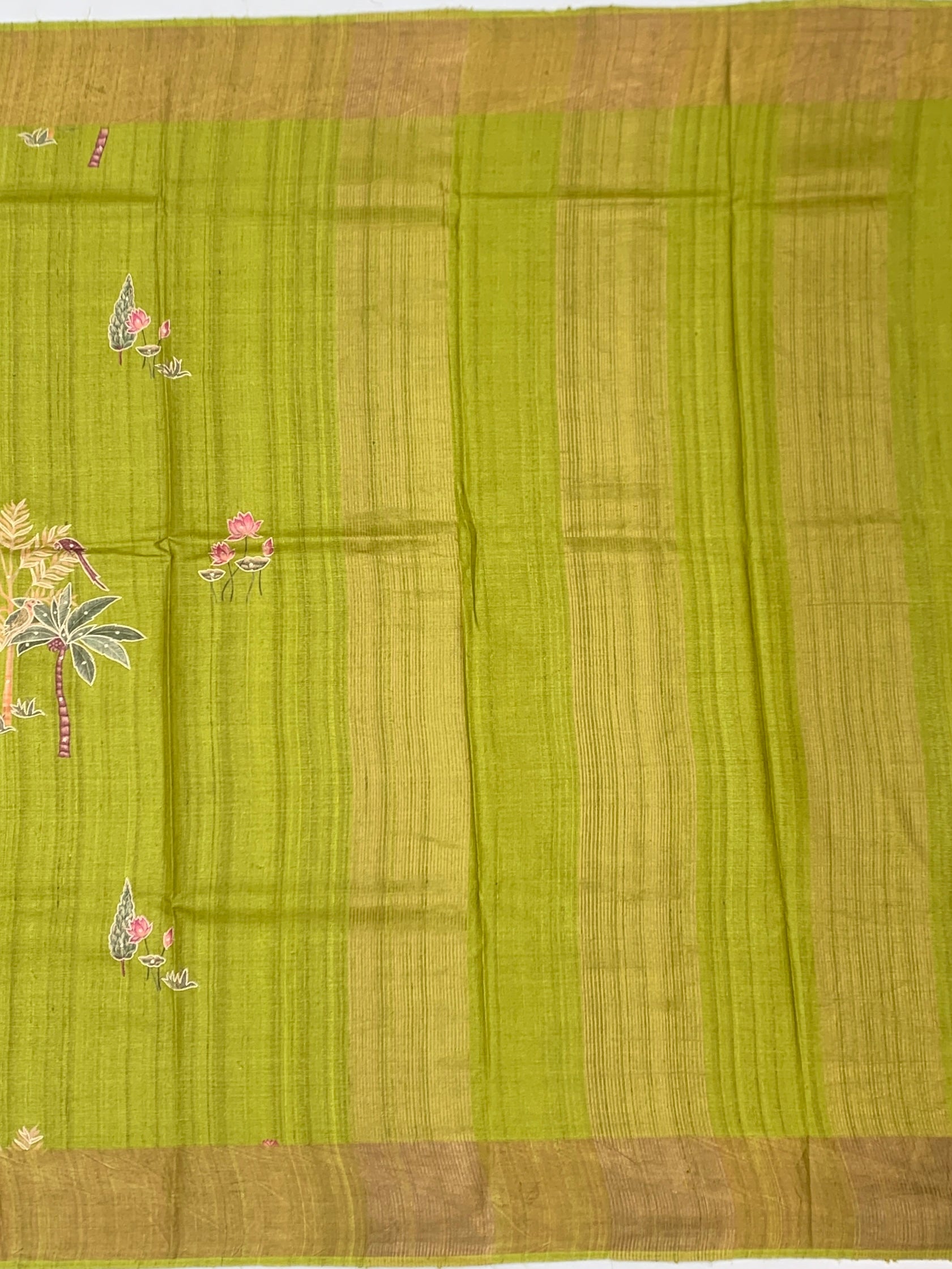Pistachio Whimsy: Bird & Botanical Tussore Printed Saree