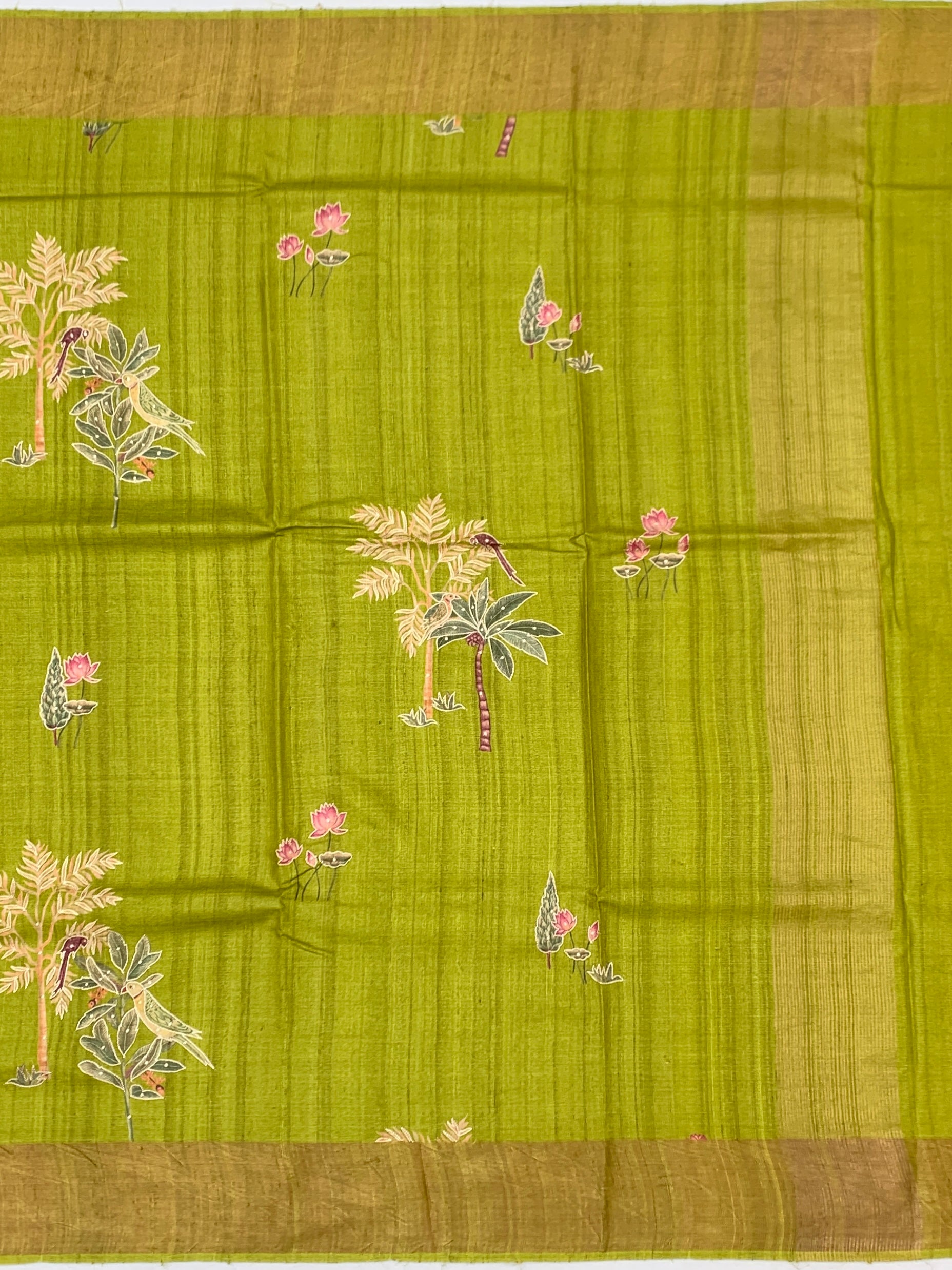 Pistachio Whimsy: Bird & Botanical Tussore Printed Saree