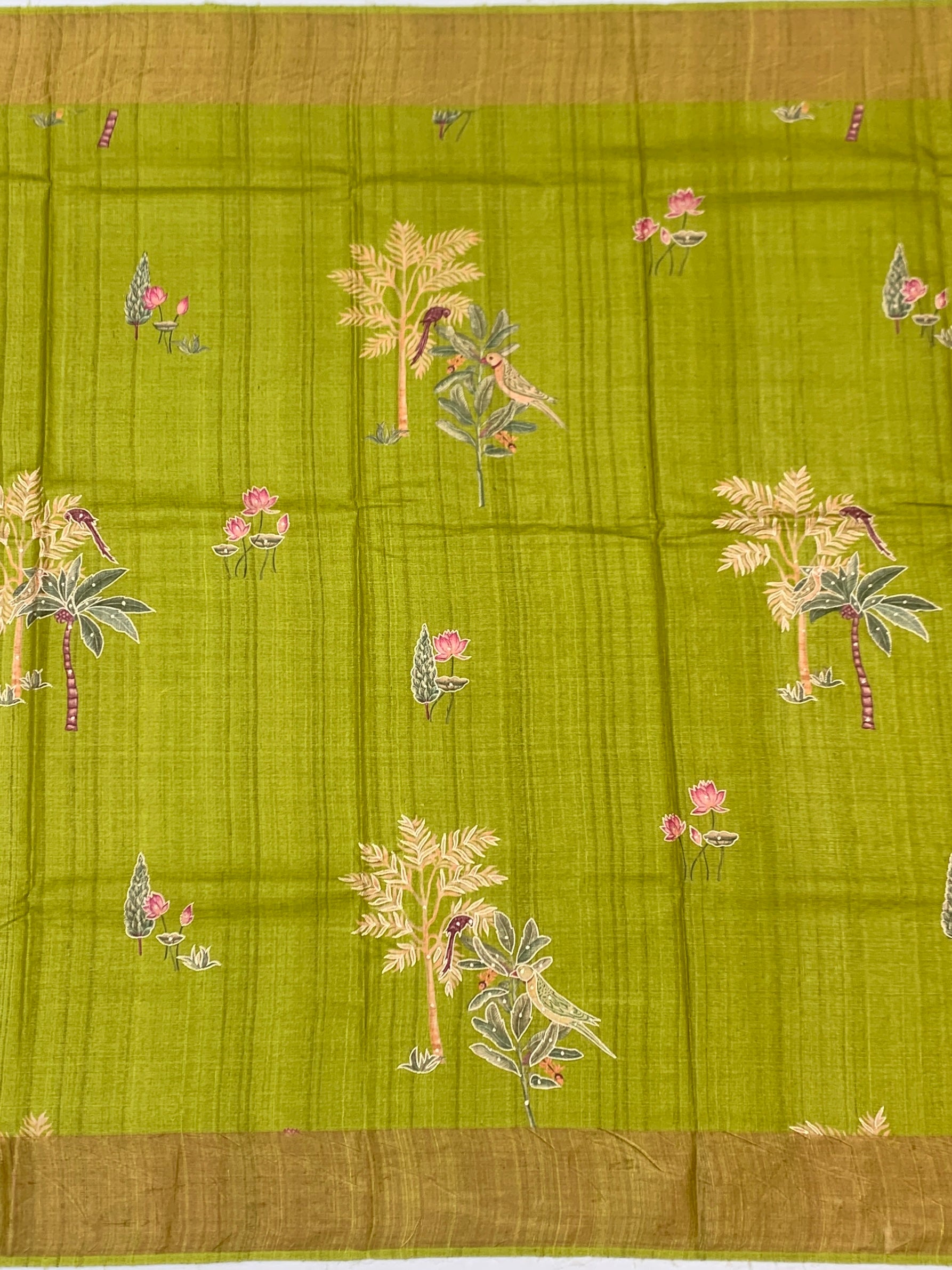 Pistachio Whimsy: Bird & Botanical Tussore Printed Saree