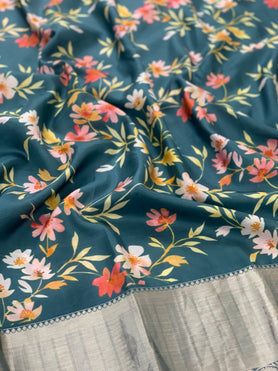Silk Prints Saree Teal-Blue In Colour