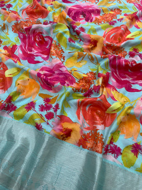 Silk prints saree Pastel-Blue in colour