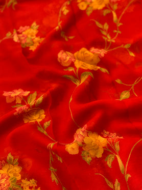 Chiffon Floral Print Saree Red In Colour