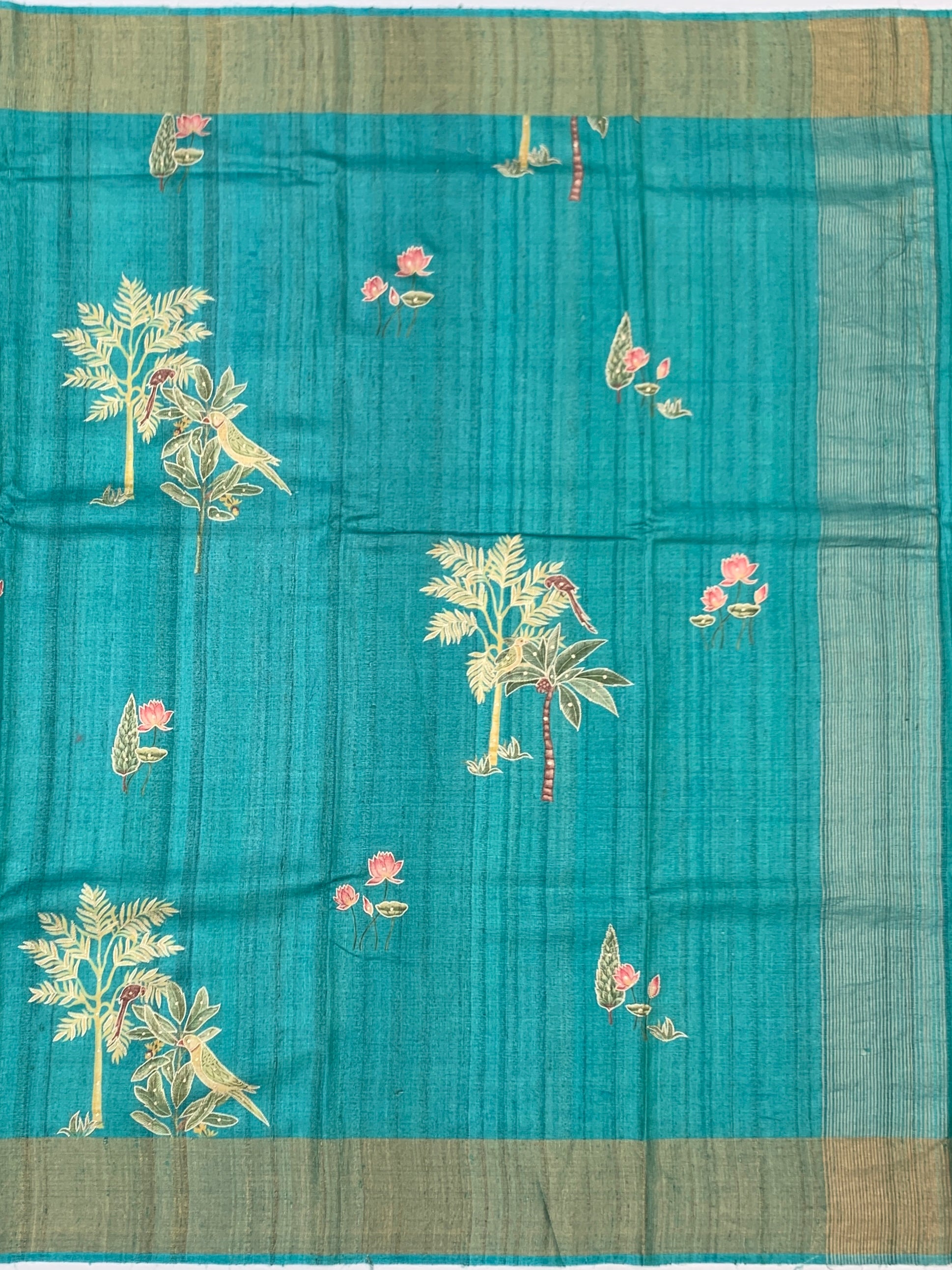 Tropical Lagoon: Tree of Life Printed Tussore Saree