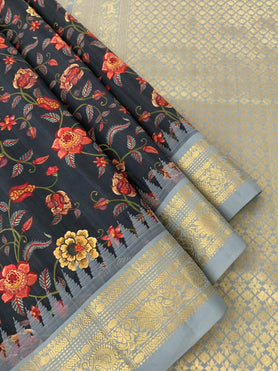 Silk Prints Saree With Gadwal Border Black In Colour