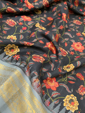 Silk Prints Saree With Gadwal Border Black In Colour