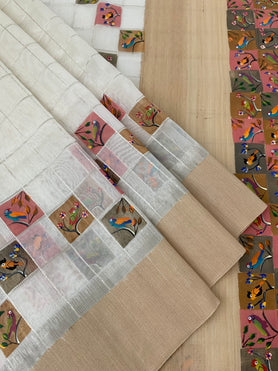 Chanderi Kora Silk Hand-Painted Saree Half-White In Colour