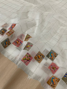 Chanderi Kora Silk Hand-Painted Saree Half-White In Colour