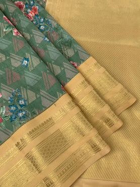 Silk Prints Saree With Kanjeevaram Border Pastel-Green In Colour