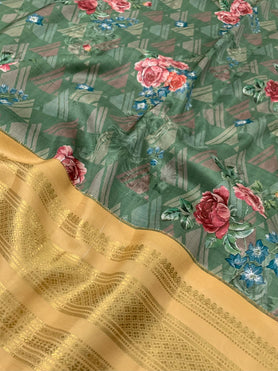 Silk Prints Saree With Kanjeevaram Border Pastel-Green In Colour