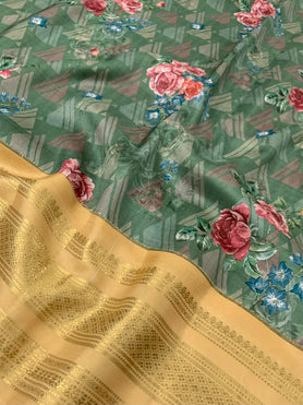 Silk Prints Saree With Kanjeevaram Border Pastel-Green In Colour