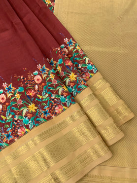 Silk Prints Saree With Kanjeevaram Border Rust In Colour