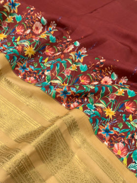 Silk Prints Saree With Kanjeevaram Border Rust In Colour