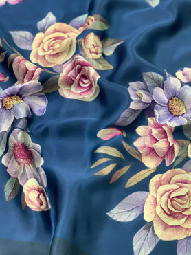 Satin Floral Print Saree Dark-Blue In Colour