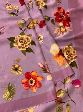 Satin Floral Print Saree Light-Mauve In Colour