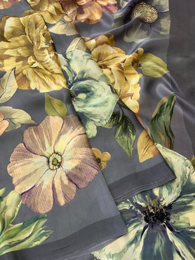 Satin Floral Print Saree Grey In Colour