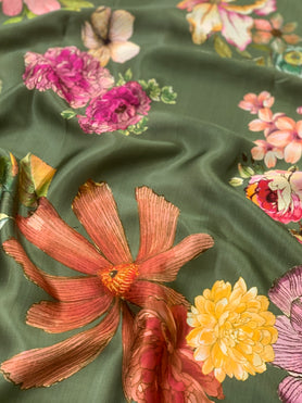 Satin Floral Print Saree Green In Colour