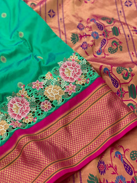 Paithani Embroidery Silk Saree Green In Colour