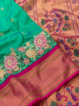 Fusion Paithani Embroidery Silk Saree Green In Colour