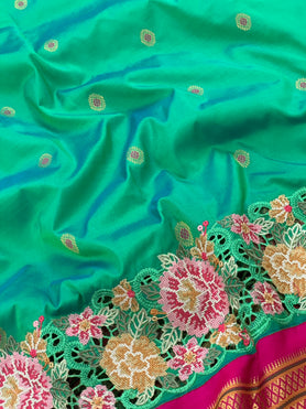 Fusion Paithani Embroidery Silk Saree Green In Colour