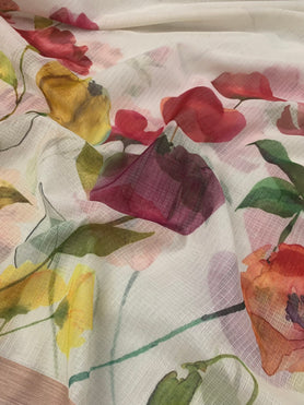 Cotton Kota Floral Print Saree Half-White In Colour