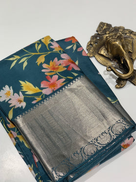 Silk Prints Saree Teal-Blue In Colour
