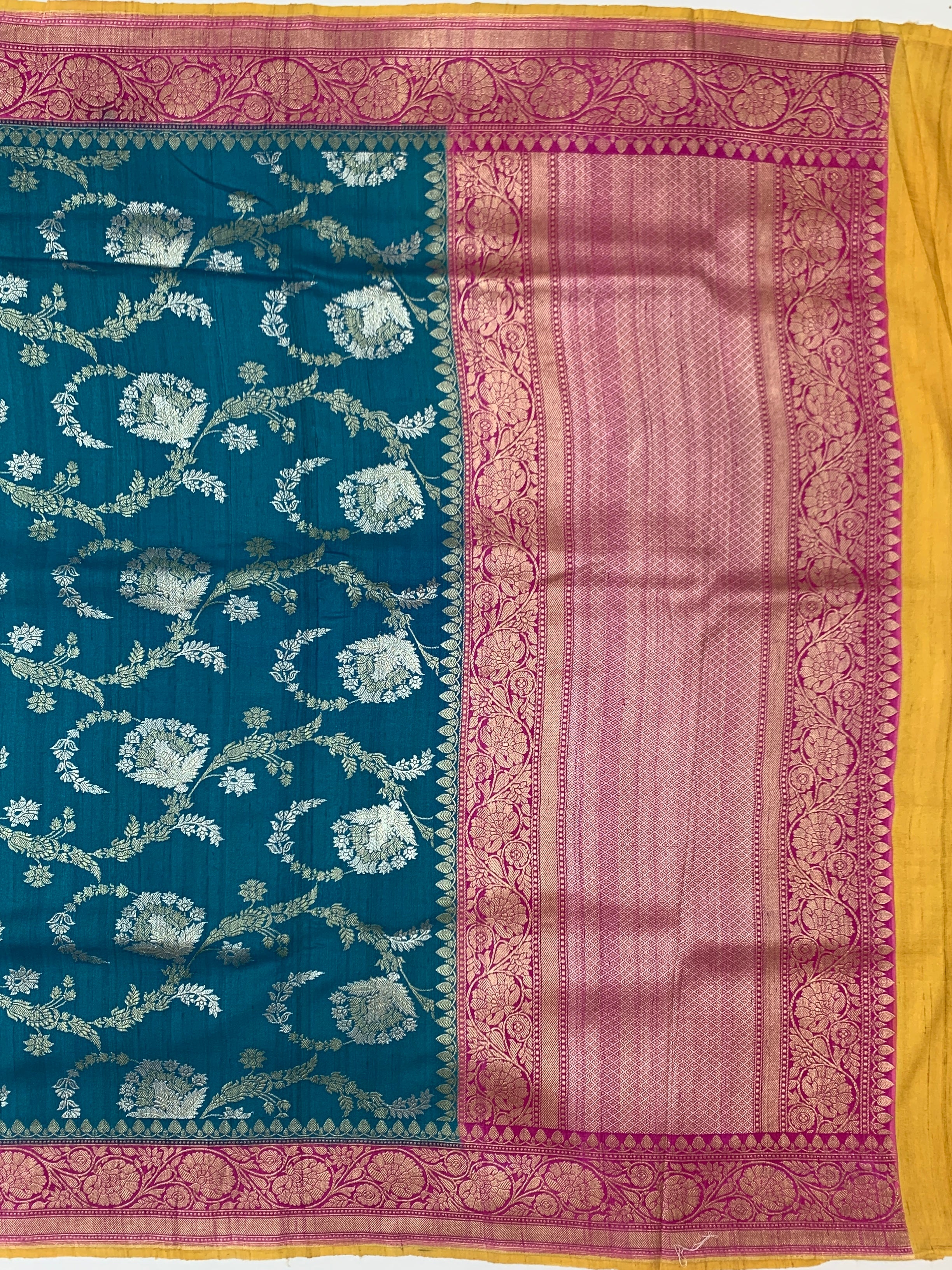 Teal Blue Tussore Georgette Saree with Contrast Pink Border