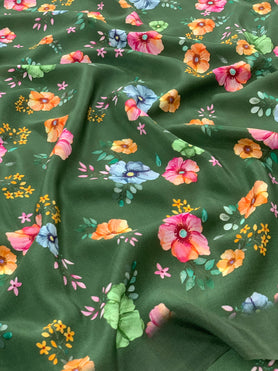 Crepe Floral Print Saree Dark-Green In Colour