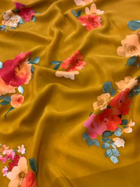 Crape Floral Print Saree Dark-Mustard In Colour
