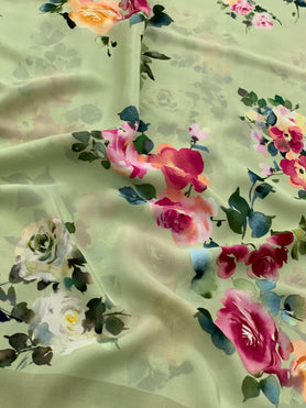Crape Floral Print Saree Pista-Green In Colour