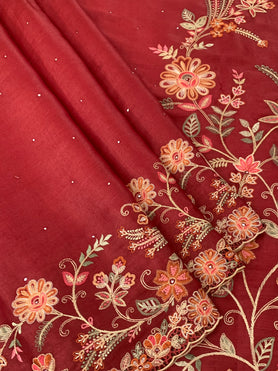 Tussore Embroidery Saree Maroon In Colour