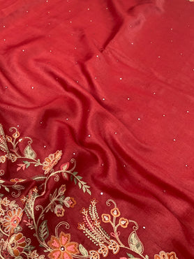 Tussore Embroidery Saree Maroon In Colour