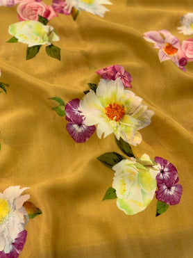 Crape Floral Print Saree Mustard In Colour