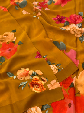 Crape Floral Print Saree Dark-Mustard In Colour