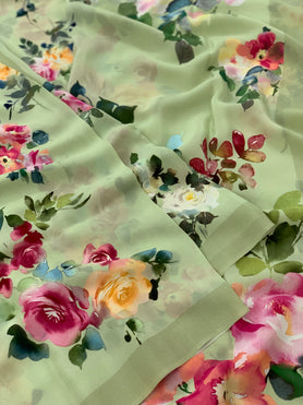 Crape Floral Print Saree Pista-Green In Colour