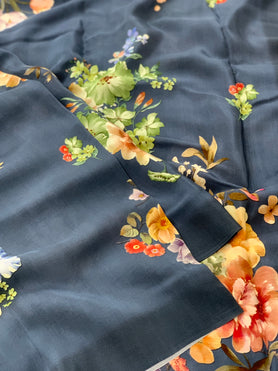 Crape Floral Print Saree Dark-Grey In Colour
