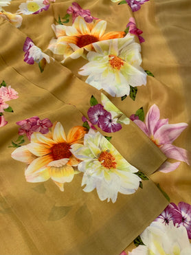 Crape Floral Print Saree Mustard In Colour