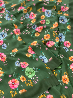 Crape Floral Print Saree Dark-Green In Colour
