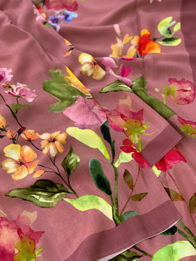 Crape Floral Print Saree Dark-Onion Pink In Colour