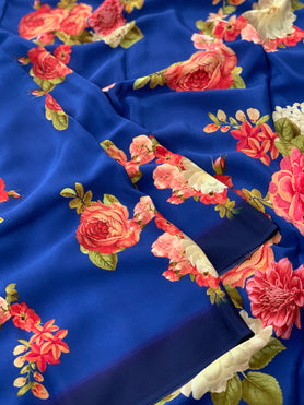 Crape Floral Print Saree Blue In Colour