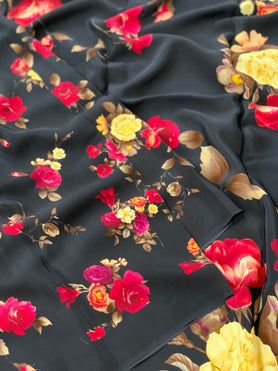 Crape Floral Print Saree Black In Colour