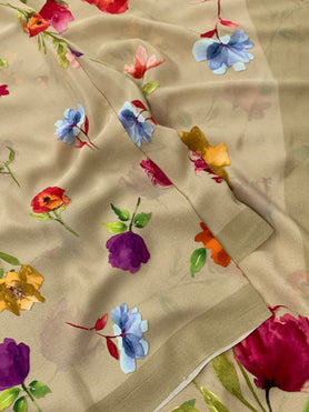 Crape Floral Print Saree Beige In Colour