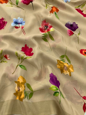 Crape Floral Print Saree Beige In Colour
