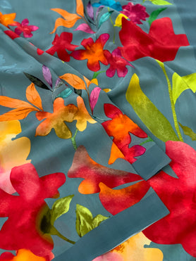 Crape Floral Print Saree Greyish-Blue In Colour