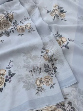 Crape Floral Print Saree Light-Lavender In Colour