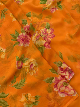 Chiffon Floral Print Saree Orange In Colour