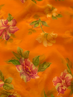 Chiffon Floral Print Saree Orange In Colour