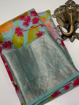 Silk prints saree Pastel-Blue in colour