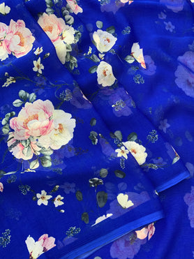 Chiffon Floral Print Saree Ink-Blue In Colour